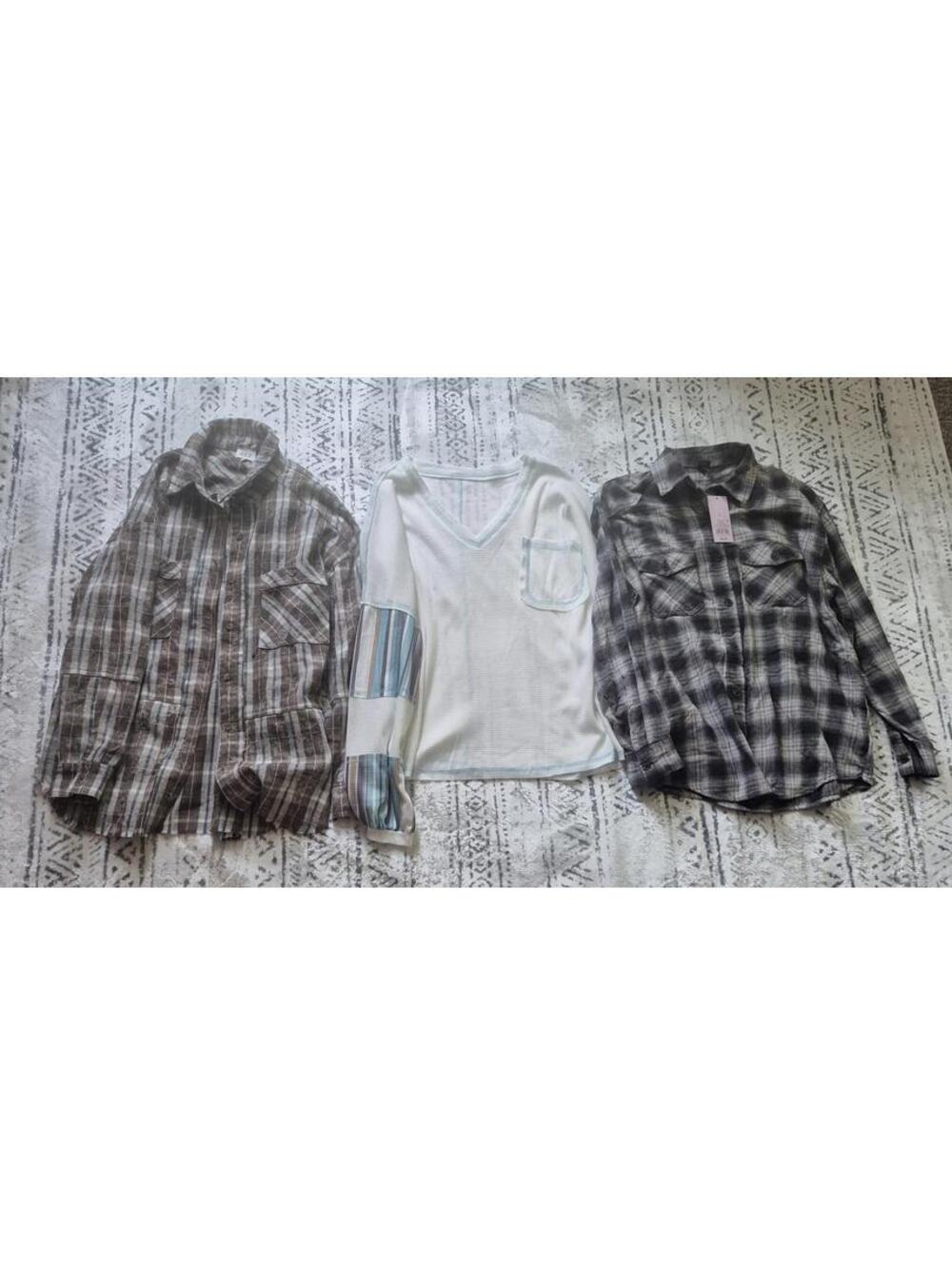 Set of 2 Plaid Flannel Shirts and 1 Long Sleeve Top